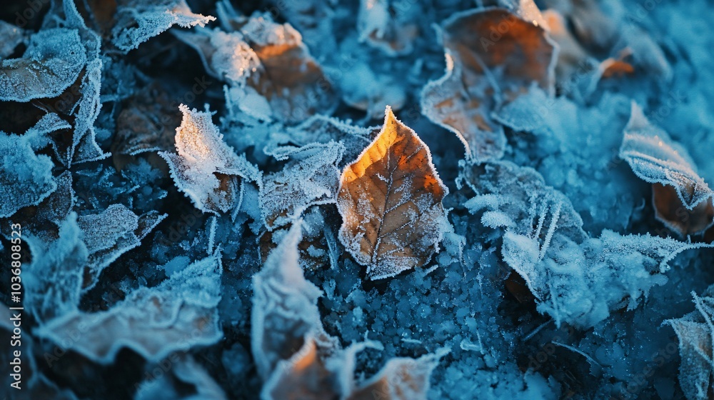 Frozen leaves covered with hoarfrost are glowing on cold winter day Frozen leaves covered with hoarfrost are glowing on cold winter day
