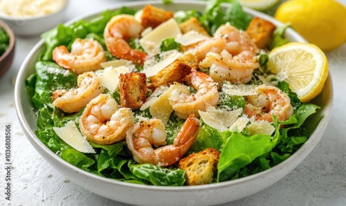 A bowl of shrimp salad with croutons and cheese