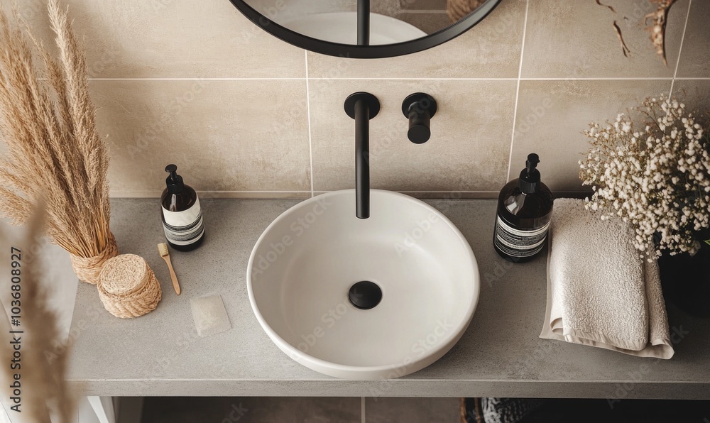 Fototapeta premium A bathroom sink with a black faucet and a white basin