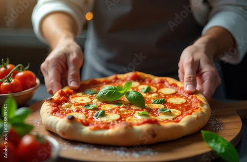 The pizza chef took the pizza out of the oven. Closeup.  photo