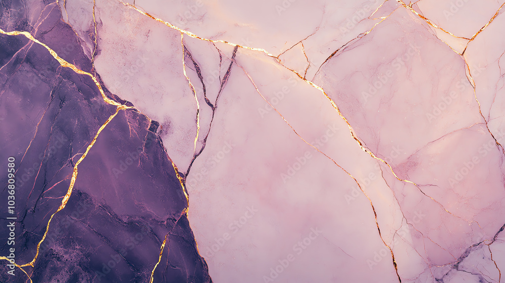 Naklejka premium A close-up view of elegant purple and pink marble with stunning golden veining, perfect for backgrounds, wallpapers, or design projects.