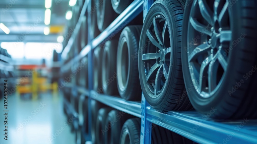 A storage area displaying neatly arranged tires on metal racks in an industrial setting. A storage area displaying neatly arranged tires on metal racks in an industrial setting.