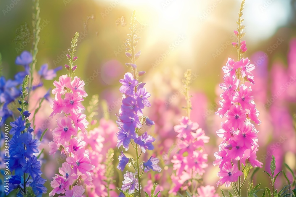 Naklejka premium Vibrant Pink and Blue Flowers in a Summer Meadow