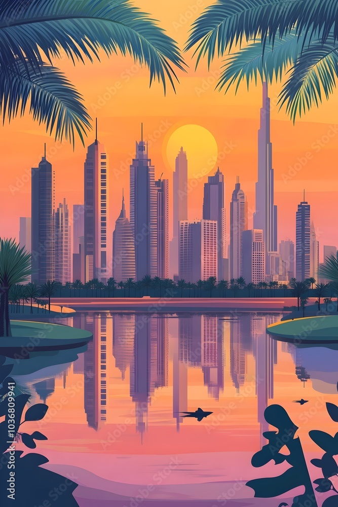 Obraz premium A vibrant sunset over a modern city skyline, reflecting on tranquil waters with palm trees framing the view, creating a serene and picturesque atmosphere.