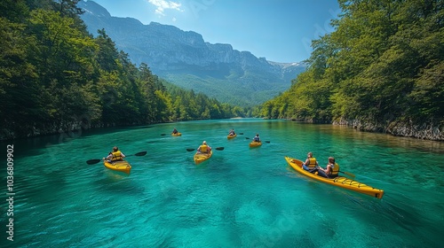 Group kayaking on clear turquoise river amidst majestic mountain and forest landscape