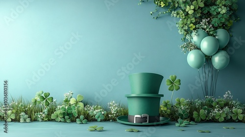 Charming arrangement featuring empty paper banner for St Patrick's Day decorated with lush shamrocks a green top hat and playful balloons against a soft pastel background photo