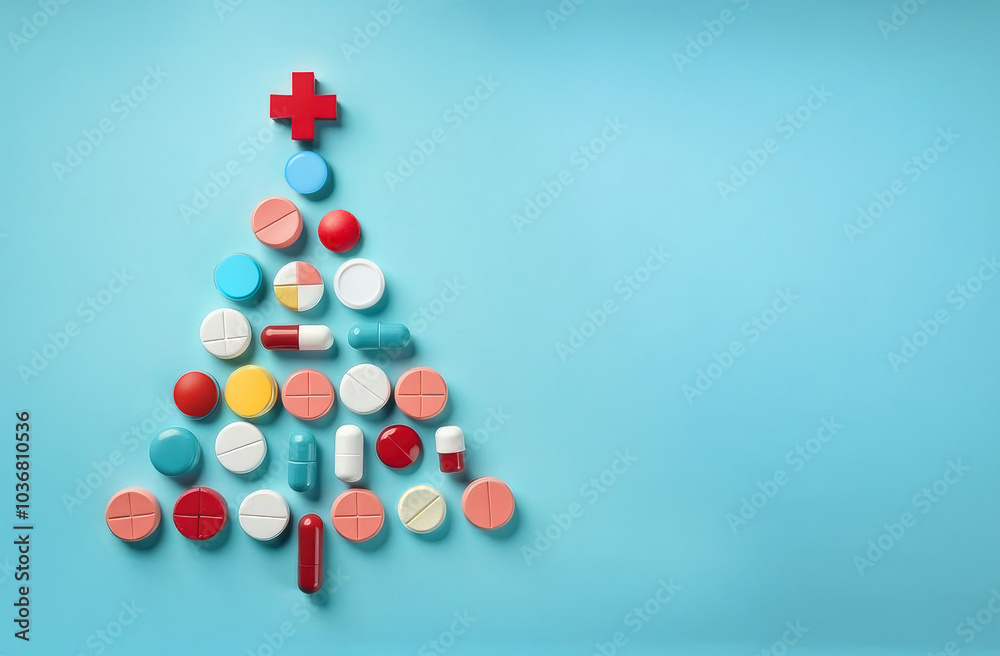 Creative arrangement of colorful pills in the shape of a Christmas tree on a blue background for festive health awareness. Copy space. Medical Christmas concept. Creative arrangement of colorful pills in the shape of a Christmas tree on a blue background for festive health awareness. Copy space. Medical Christmas concept.