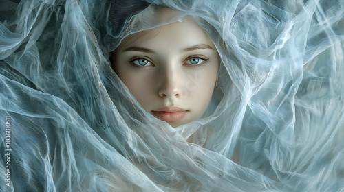 Serene Portrait of a Woman Enveloped in Ethereal Fabrics Framing Her Thoughtful Expression photo