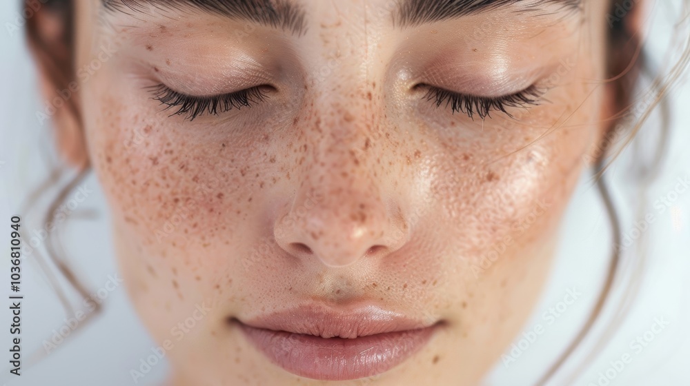 Fototapeta premium Serene expression with closed eyes for mindfulness and tranquility after a skincare routine. Emphasizing natural beauty and self-care in a close-up on a neutral background