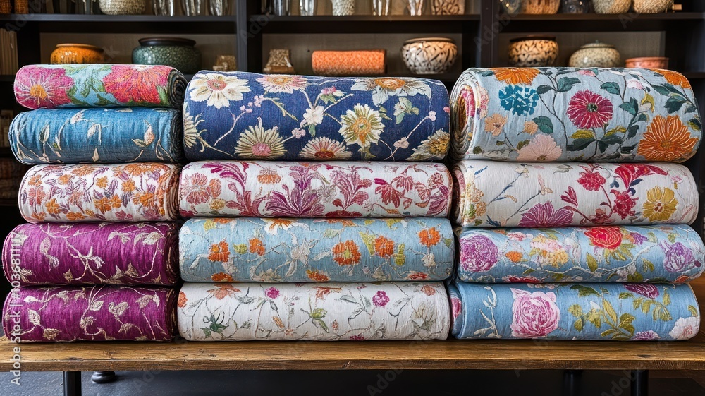 Colorful rolls of patterned fabric stacked neatly. Colorful rolls of patterned fabric stacked neatly.