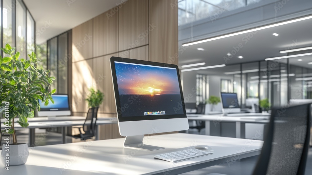 Modern office space with a computer displaying a sunset, plants, and a minimalist design. Modern office space with a computer displaying a sunset, plants, and a minimalist design.