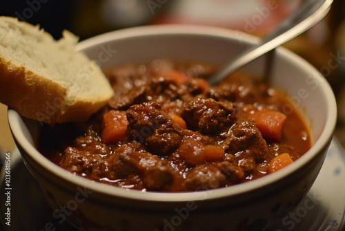 Goulash Beef Stew in a Bowl with Chili and Bread - Delicious Comfort Food