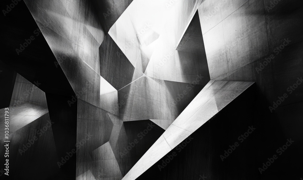 A black and white photo of a building with a lot of concrete and a lot of angles