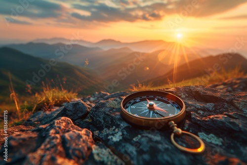 Vintage compass on map with mountain sunset in background