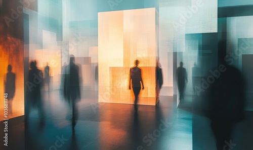 A group of people are walking through a building with a large cube in the middle