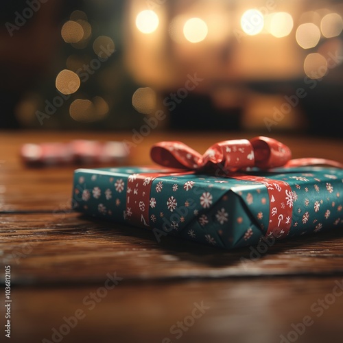 A beautifully wrapped gift with a red ribbon on a wooden table.