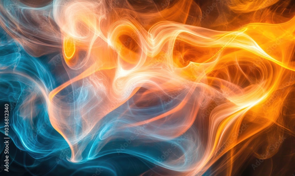 The image is a colorful, abstract representation of fire and smoke