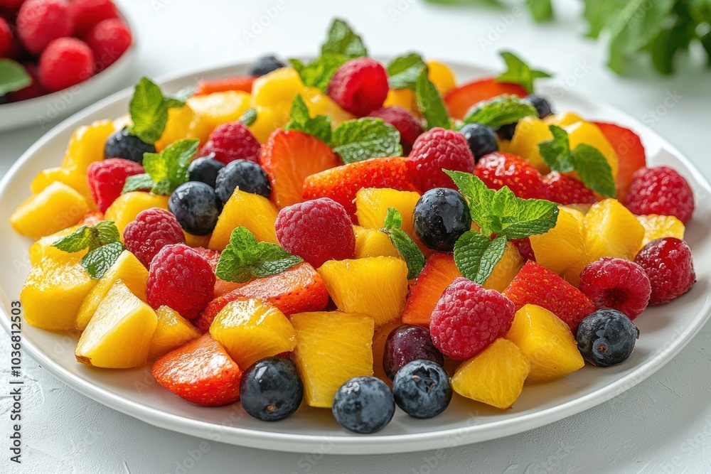 food photography, fresh, healthy fruit salad on a white plate against a white background food photography, fresh, healthy fruit salad on a white plate against a white background
