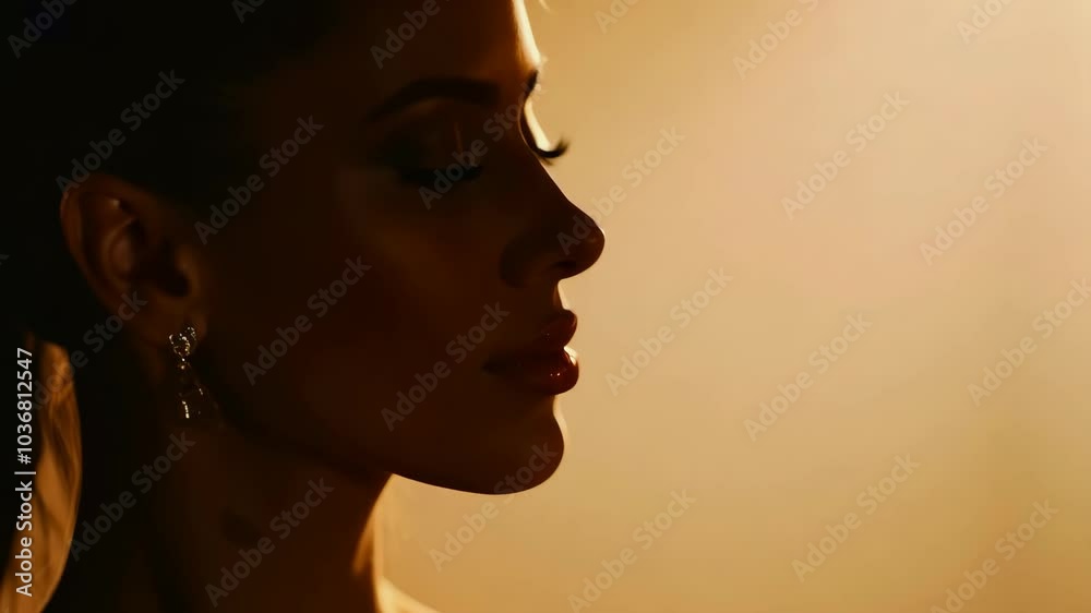 Silhouette of woman in warm light with elegant earrings enhancing profile Silhouette of woman in warm light with elegant earrings enhancing profile