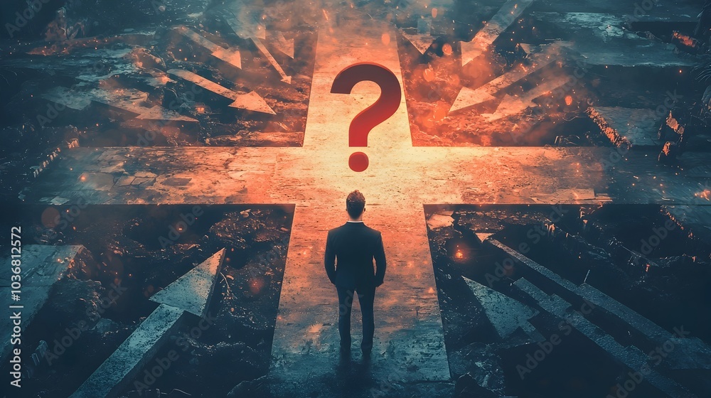 © Thares2020 - Businessman at Crossroads Facing Difficult Decision with Giant Question Mark Above © Thares2020 - Businessman at Crossroads Facing Difficult Decision with Giant Question Mark Above