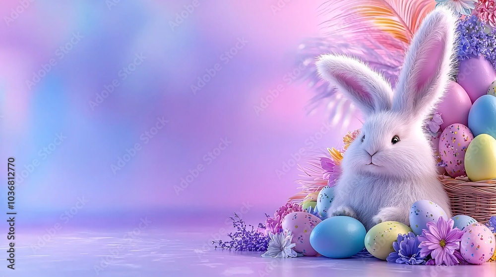 Fototapeta premium Cute Bunny Surrounded by Colorful Easter Eggs and Flowers