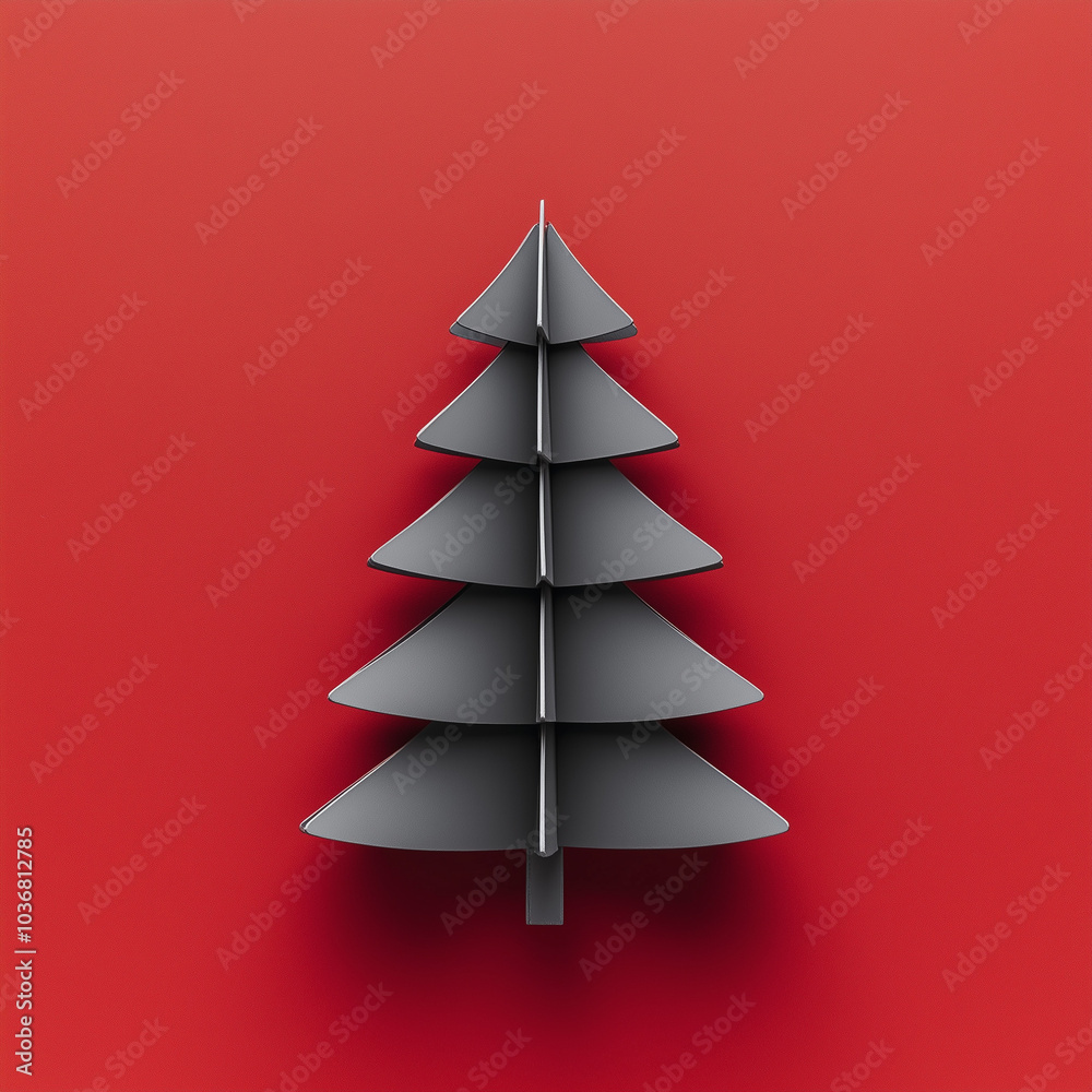 A Christmas tree made of gray metal on a red background, presented in a minimalist flat-lay composition.Copy space,flat lay.Creative holiday concept. A Christmas tree made of gray metal on a red background, presented in a minimalist flat-lay composition.Copy space,flat lay.Creative holiday concept.