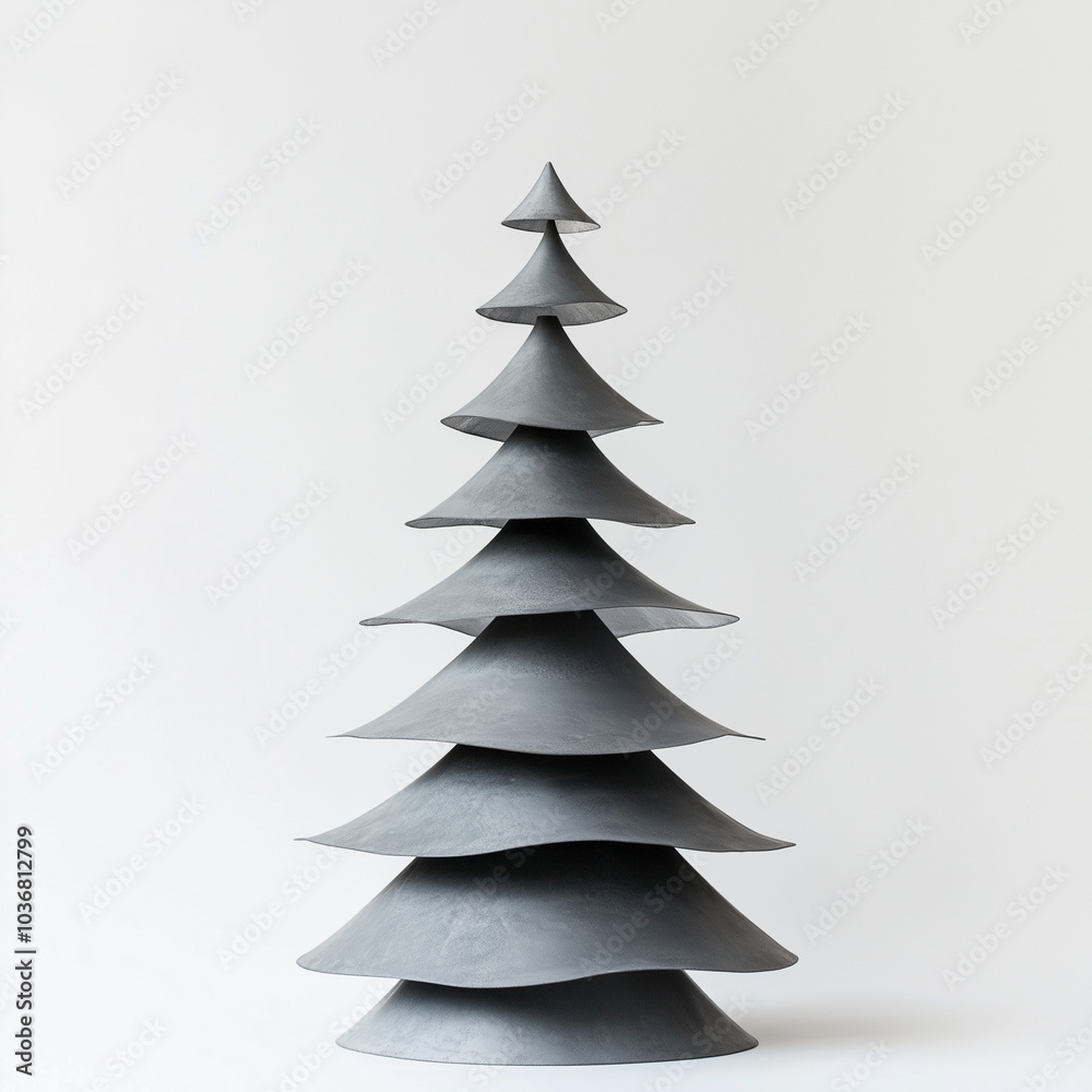 A Christmas tree made of gray metal on a white background, presented in a minimalist flat-lay composition.Copy space,flat lay.Creative holiday concept. A Christmas tree made of gray metal on a white background, presented in a minimalist flat-lay composition.Copy space,flat lay.Creative holiday concept.