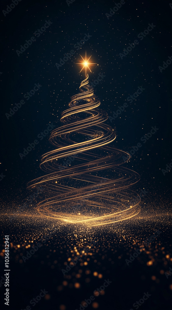 A Christmas tree made of glowing golden lines on a dark background, topped with a star. A Christmas tree made of glowing golden lines on a dark background, topped with a star.