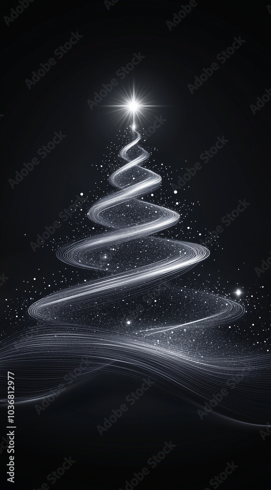 A Christmas tree made of glowing silver lines on a dark background, topped with a star. A Christmas tree made of glowing silver lines on a dark background, topped with a star.
