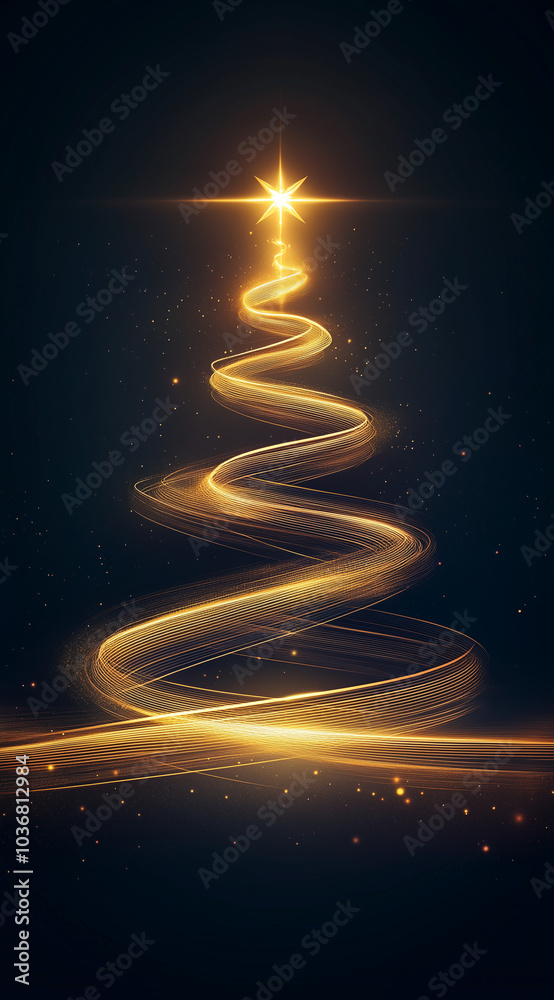 Obraz premium A Christmas tree made of glowing golden lines on a dark background, topped with a star.