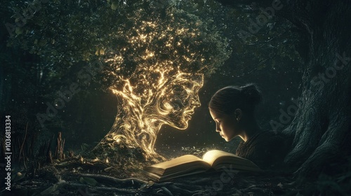 A girl reading a book with a mystical tree-like figure emerging from the pages.