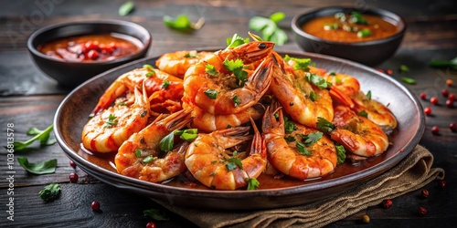 Sri Lankan devilled prawns with spicy sauce on plate photo