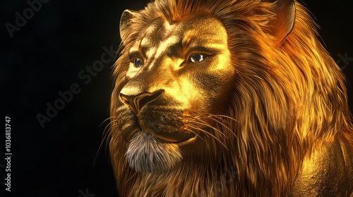 A majestic golden lion with a detailed mane, exuding strength and nobility.