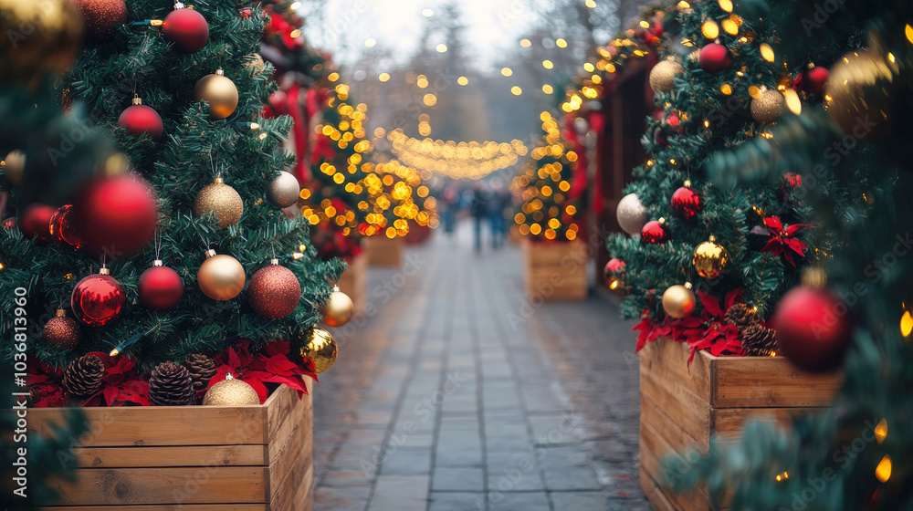 Festive and magical street scene of a Christmas market with fir trees, Christmas decorations and twinkling lights, selective focus. Festive and magical street scene of a Christmas market with fir trees, Christmas decorations and twinkling lights, selective focus.