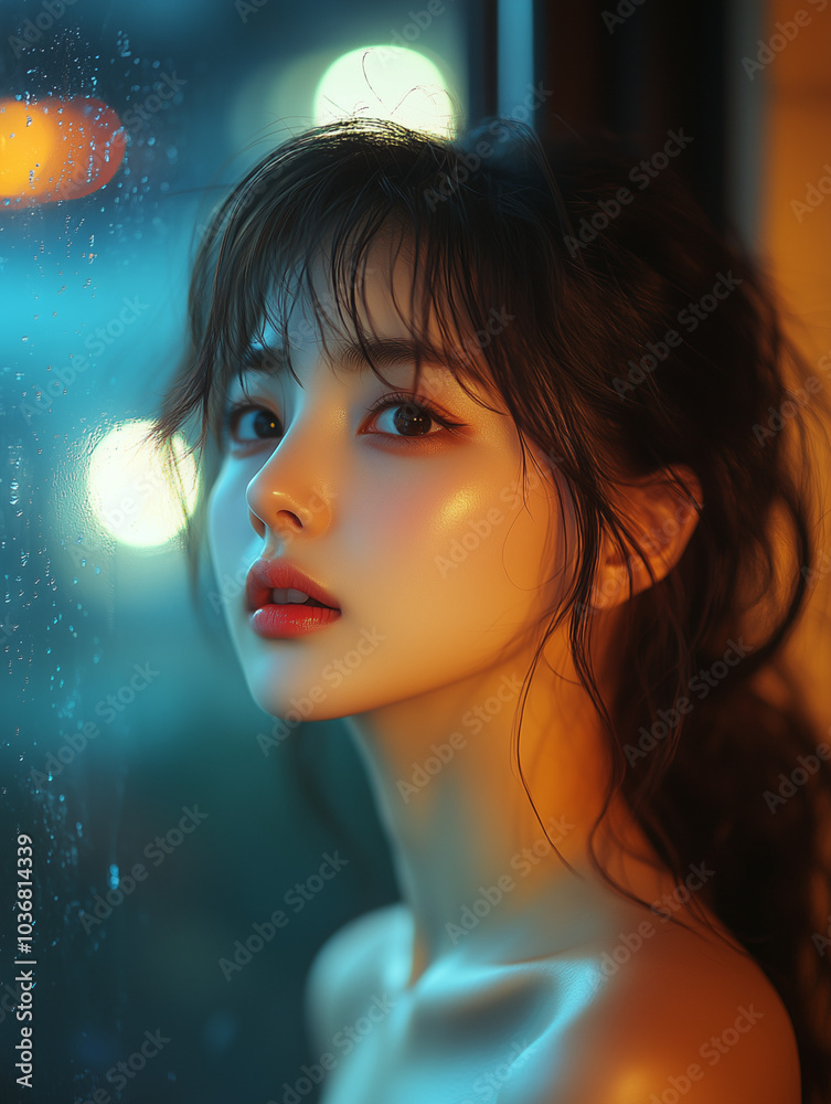 A young Korean woman gazes thoughtfully out of a rainy window, illuminated by soft warm lights at night A young Korean woman gazes thoughtfully out of a rainy window, illuminated by soft warm lights at night