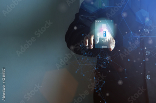 Concept of personal data protection. Man scans his fingerprint to access his data in cyberspace.