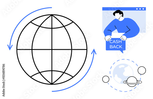 A globe with arrows symbolizing finance, a person holding a cash back sign, and a planetary model suggesting globalization. Ideal for technology, finance, global economy, e-commerce, and savings