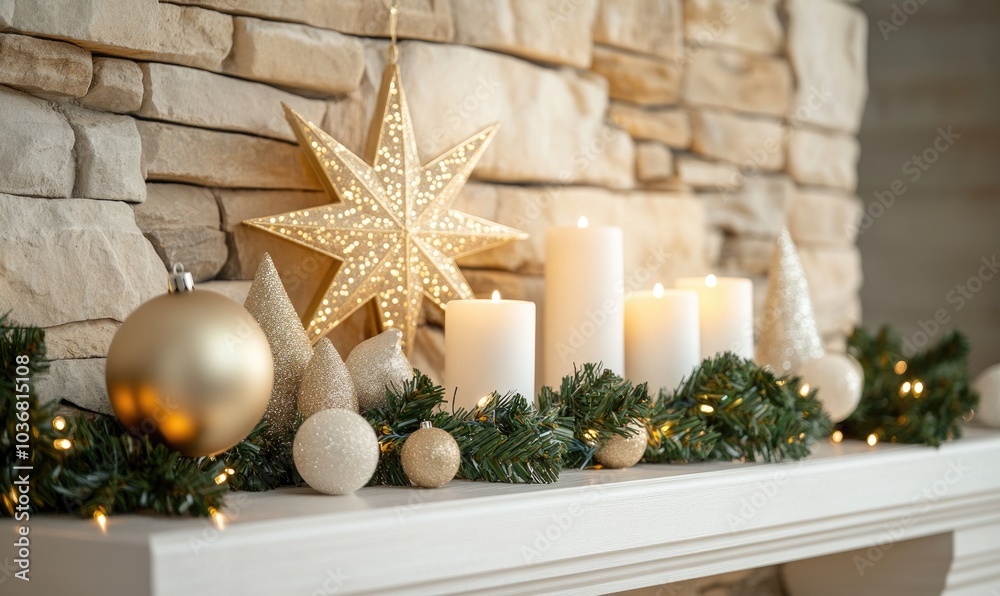 A fireplace mantle is decorated with a star, candles, and ornaments A fireplace mantle is decorated with a star, candles, and ornaments