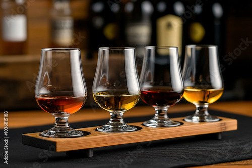 Elegant Whiskey Tasting Flight on Wooden Board

