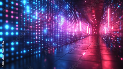 Neon Corridor with Digital Pattern