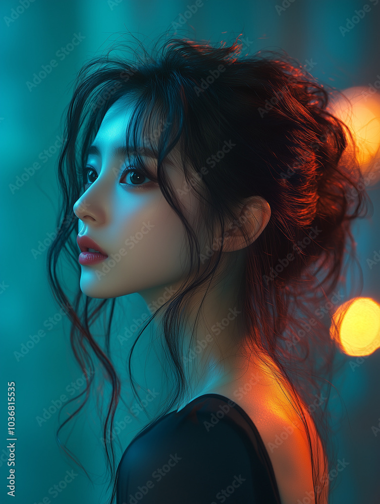 Captivating profile of a Korean woman with flowing hair in a dimly lit urban setting during the evening Captivating profile of a Korean woman with flowing hair in a dimly lit urban setting during the evening