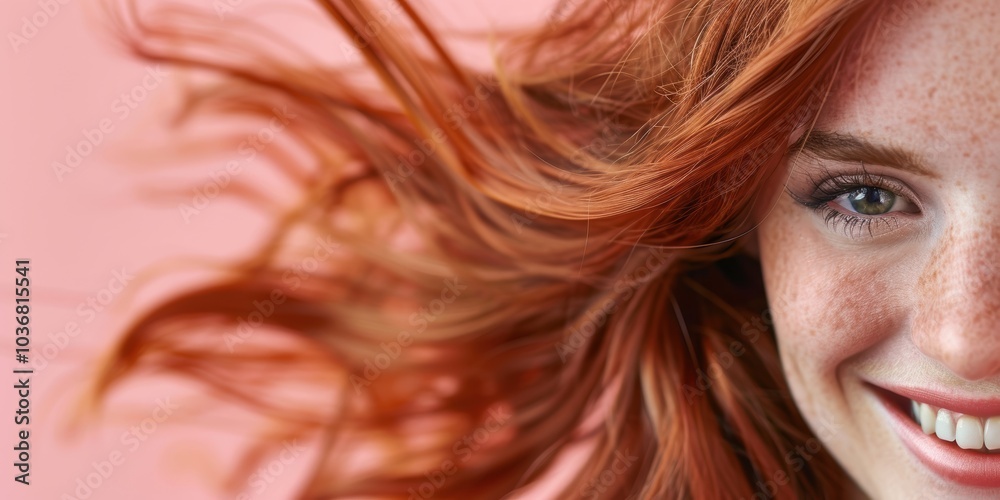 Portrait of a joyful woman showcasing hair and skincare on a pink background, highlighting beauty, grooming, and radiant skin with a shining hairstyle Portrait of a joyful woman showcasing hair and skincare on a pink background, highlighting beauty, grooming, and radiant skin with a shining hairstyle