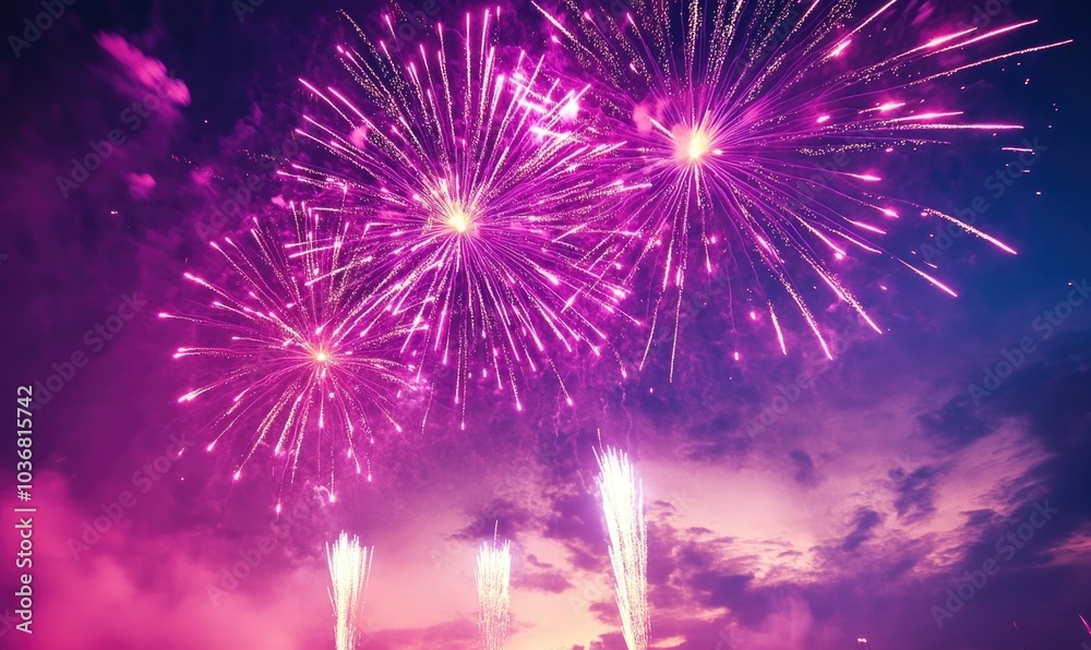 A fireworks display with three large fireworks in the sky