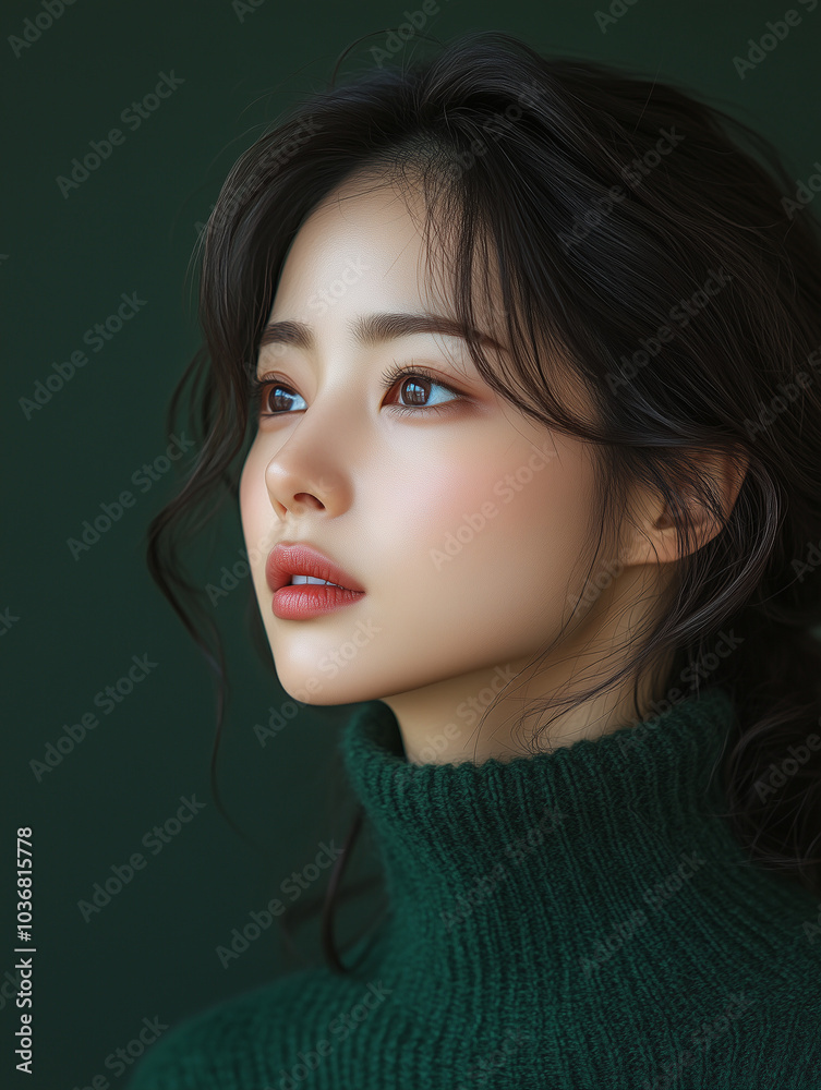 Elegant Korean woman with soft features wearing a green turtleneck sweater in a serene pose against a dark background Elegant Korean woman with soft features wearing a green turtleneck sweater in a serene pose against a dark background