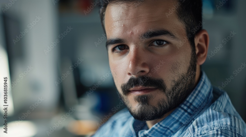 Professional portrait of a serious businessman in an office setting, embodying confidence and creativity in a startup work environment Professional portrait of a serious businessman in an office setting, embodying confidence and creativity in a startup work environment