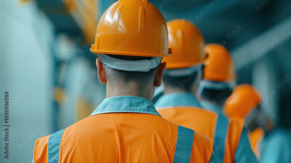 Back view of construction workers in orange safety vests and helmets working on-site, focusing on teamwork and safety protocols. Back view of construction workers in orange safety vests and helmets working on-site, focusing on teamwork and safety protocols.
