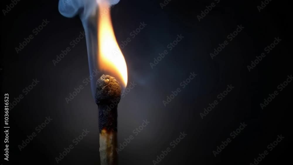 Burning Matchstick with Smoke and Glowing Flame Against Dark Background Burning Matchstick with Smoke and Glowing Flame Against Dark Background