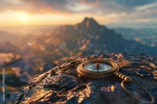 Vintage compass on map with mountain sunset in background