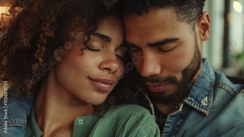 Young couple of diverse background cuddling and relaxing on the couch at home, enjoying each others company