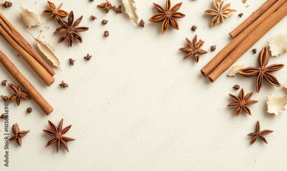 A white background with a variety of spices including cinnamon, cloves A white background with a variety of spices including cinnamon, cloves
